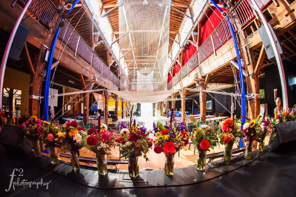 Wedding Flowers at Emerald City Trapeze Arts Circus Wedding Rustic Wedding Seattle